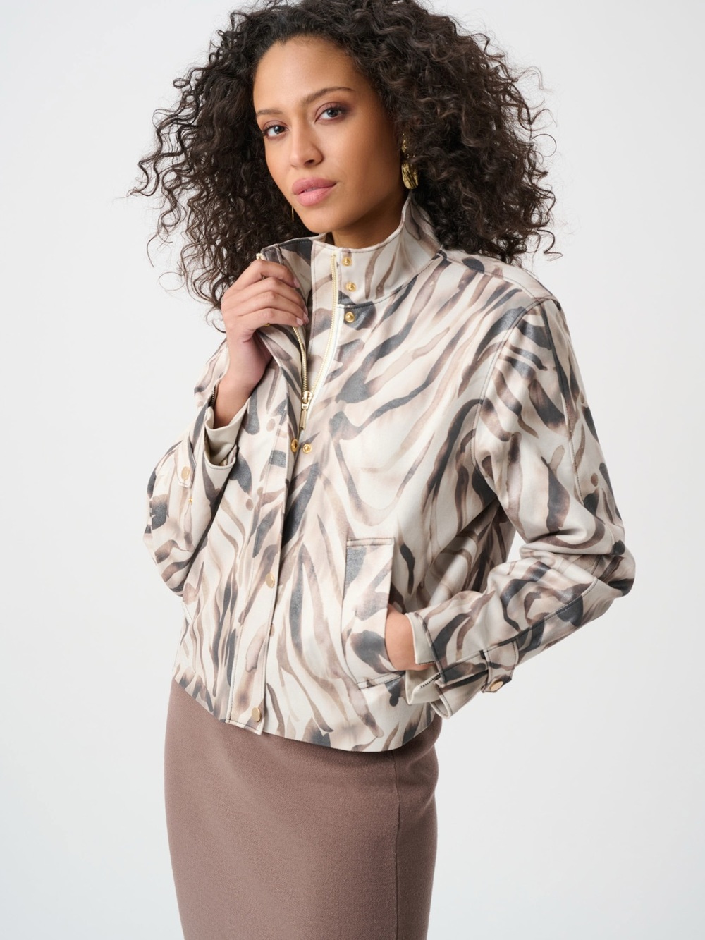 Joseph Ribkoff Neutral Animal-Print Bomber Jacket - Beige, Taupe, Gray
